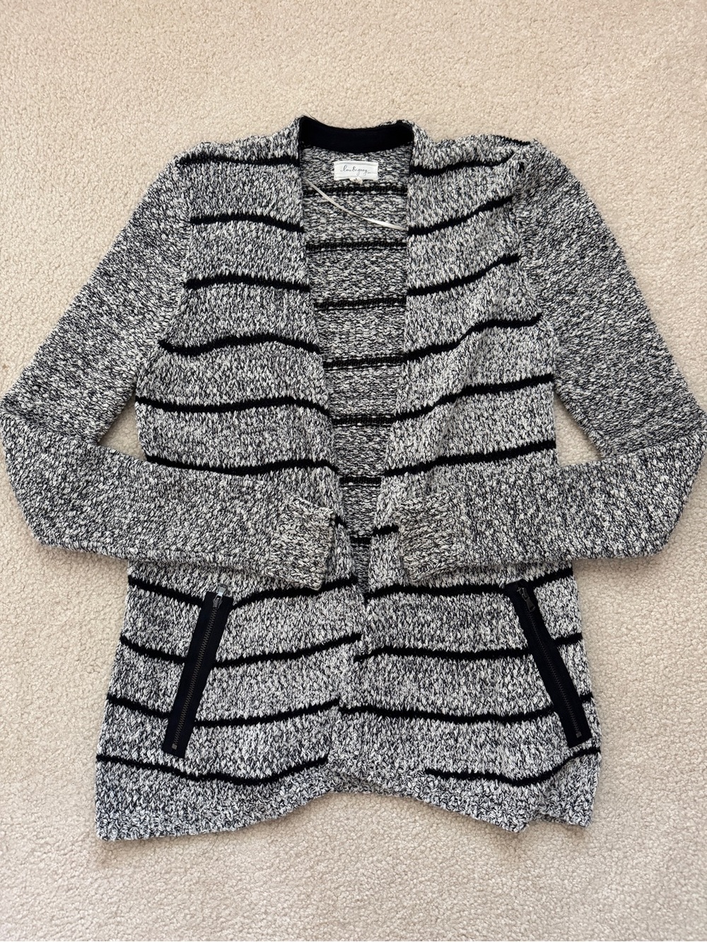 Lou & Grey Marled Stripe Open Front Cardigan Zip Pocket Sweater